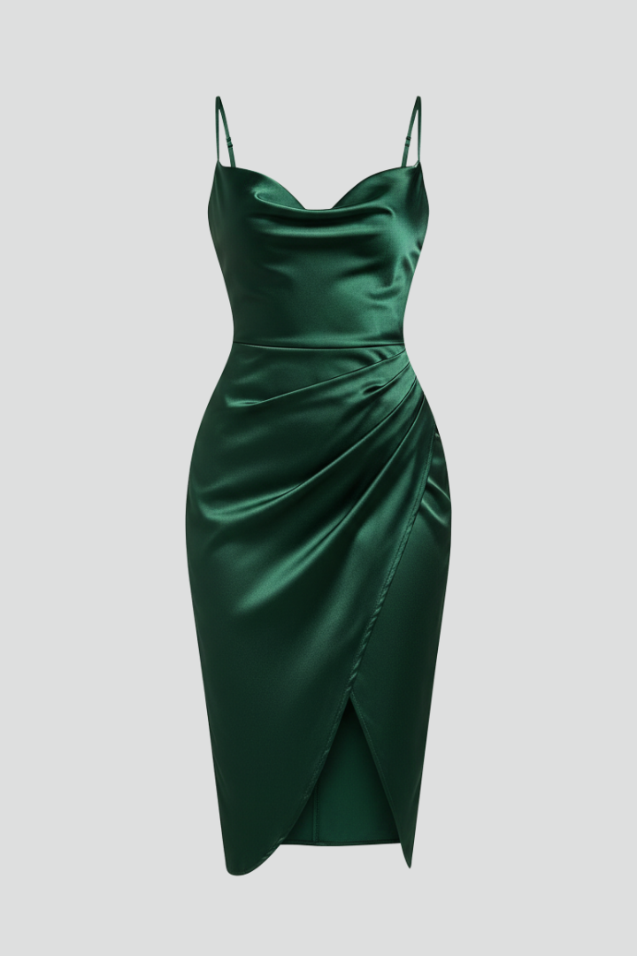 Elegant women's draped dress with slim straps & stylish side slit.