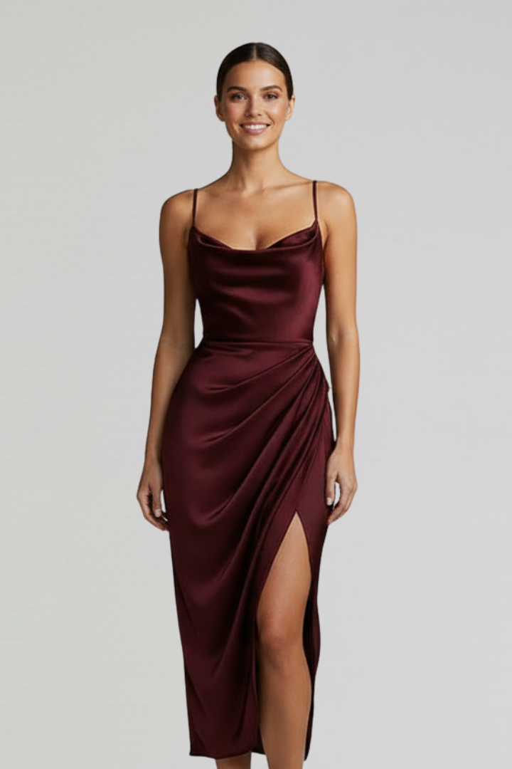 Elegant women's draped evening dress with slim straps, sleeveless cut & a stylish side slit detail.