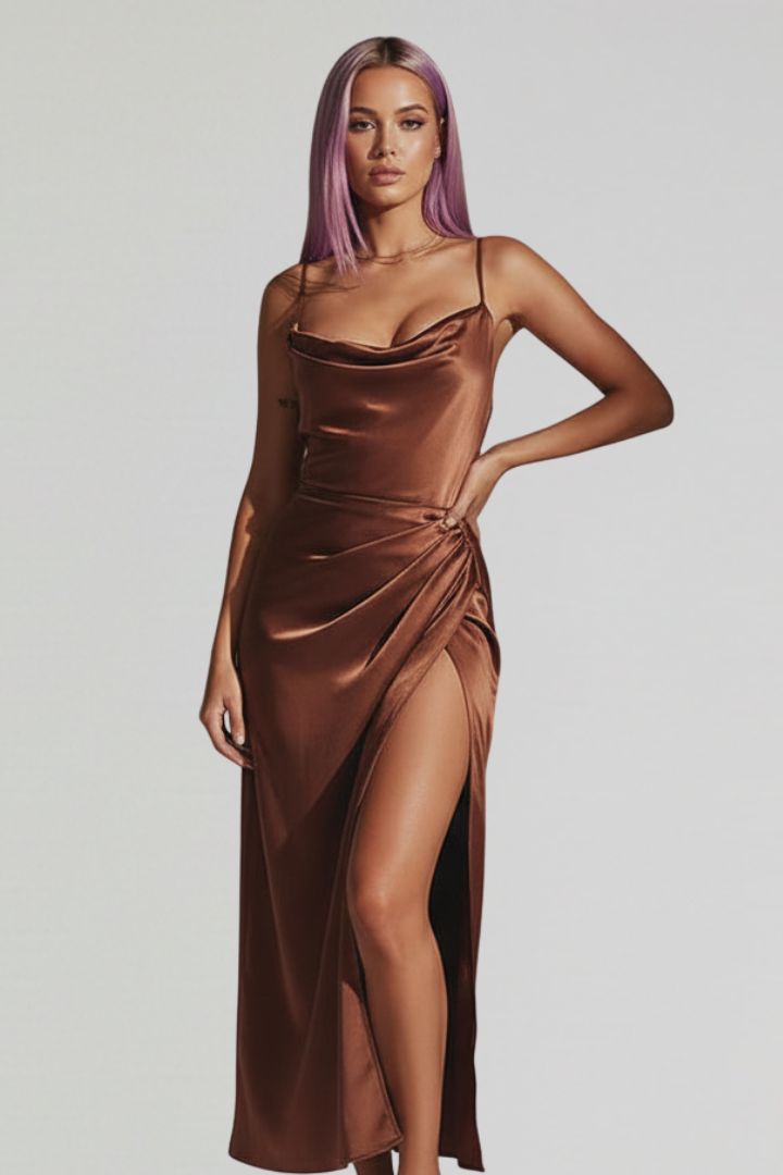 Versatile women's draped dress, perfect for evening or party wear, with slim straps & a side slit.