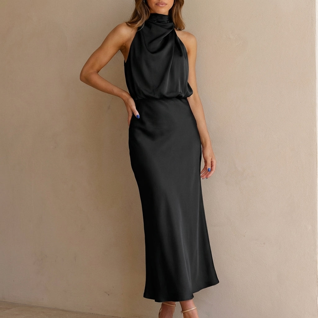 Sleeveless draped halter neck midi dress for women, ideal for evening wear, cocktails, and formal events.