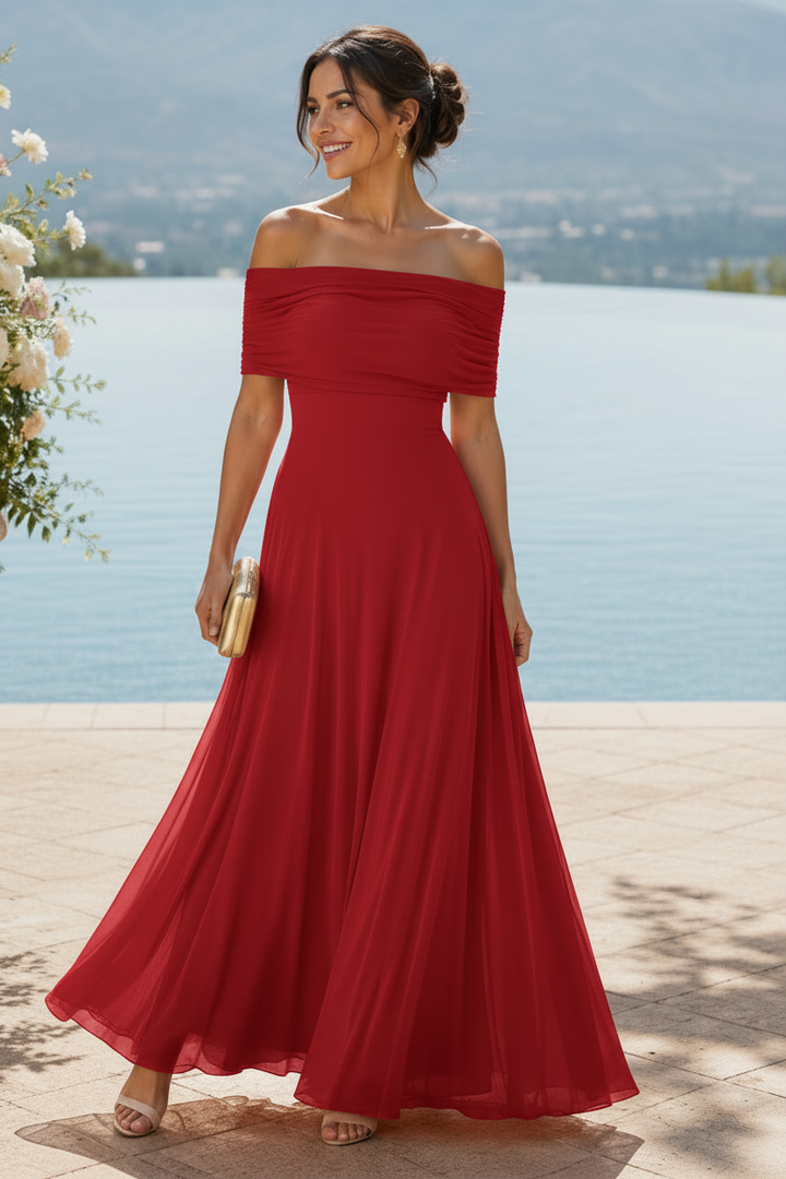 Graceful women's draped midi dress, perfect as a formal party dress or wedding guest attire. Sophisticated & elegant.
