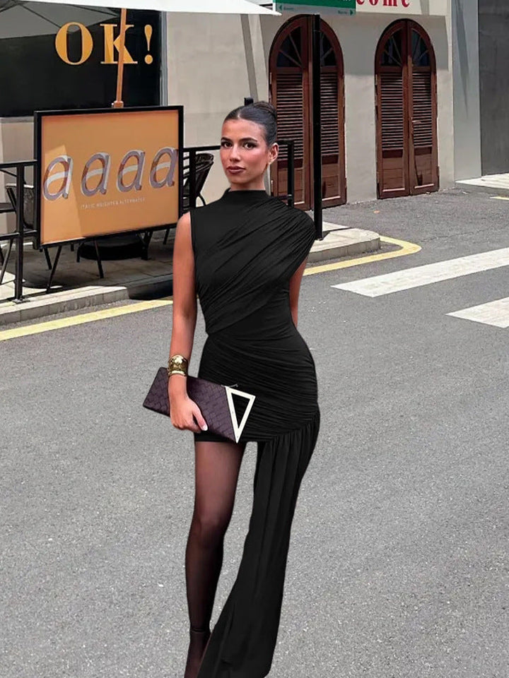 Chic women's sleeveless cocktail mini dress with asymmetrical drape. Perfect elegant evening wear for parties.