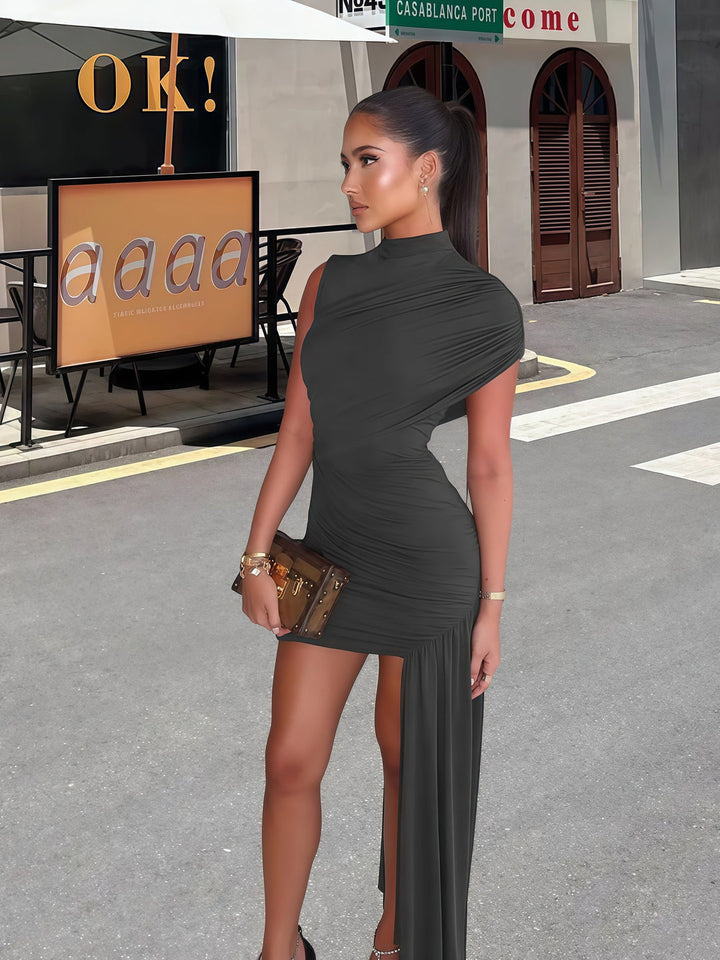 Draped asymmetrical mini dress for women. Elegant sleeveless design, perfect for cocktail parties & evening wear.