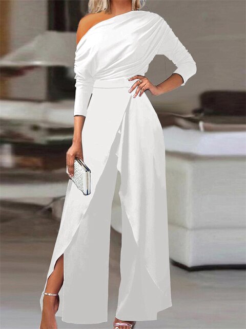 Elegant women's draped one shoulder wide leg jumpsuit, perfect for evening events, parties, and wedding guests.