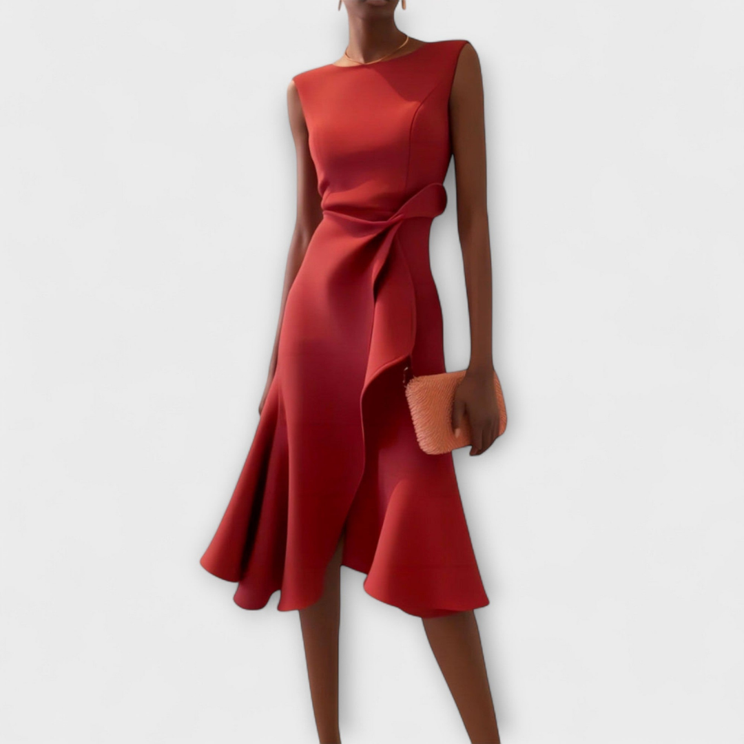 Elegant women's draped ruffle midi dress with a round neck, perfect for evening wear & cocktail parties.