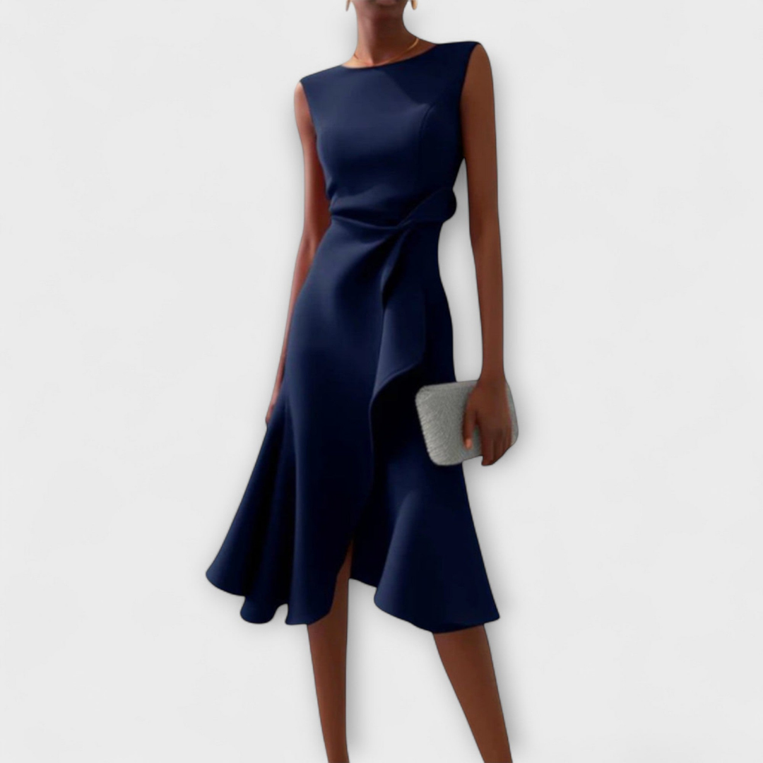 Draped midi dress for women with a beautiful ruffle hem, round neck, suitable for cocktail & evening wear.
