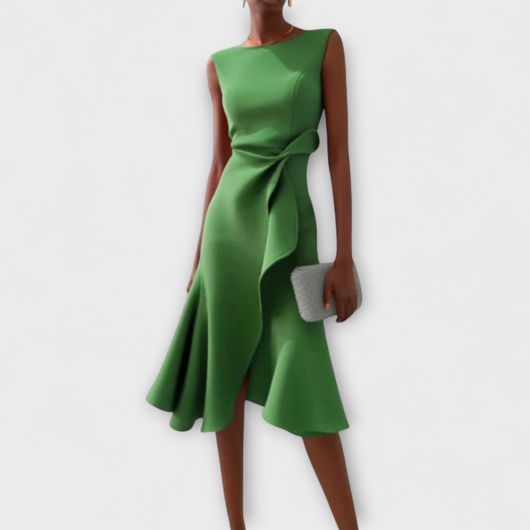 Flowing draped women's midi dress with a stylish ruffle hem. An elegant choice for parties & evening events.