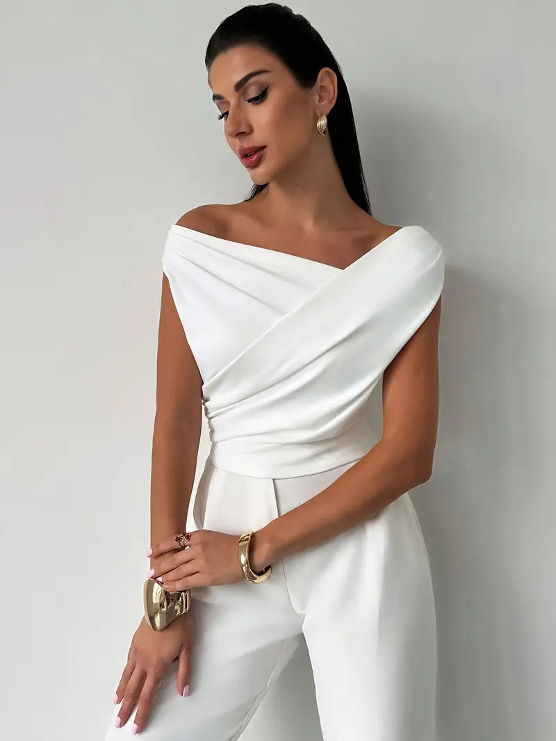 Fashion-forward women's elegant top with a chic draped shoulder, great for evening or office.