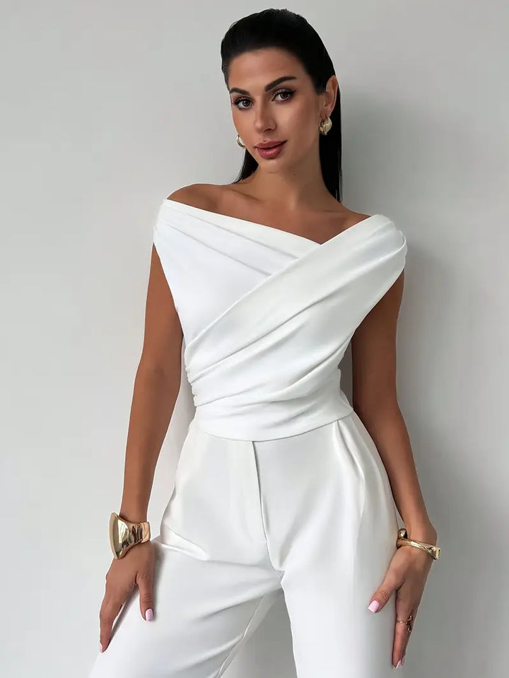 Draped shoulder women's top, an elegant and chic choice for both office and evening wear.