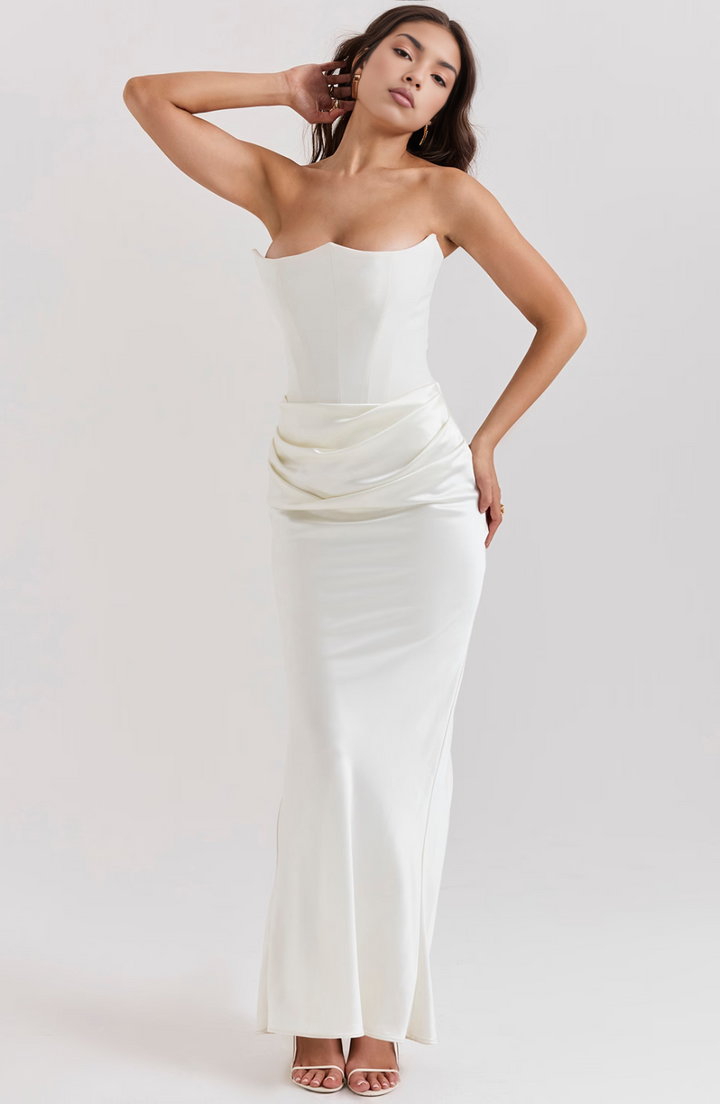Timeless draped strapless evening gown, a stunning choice for formal events.
