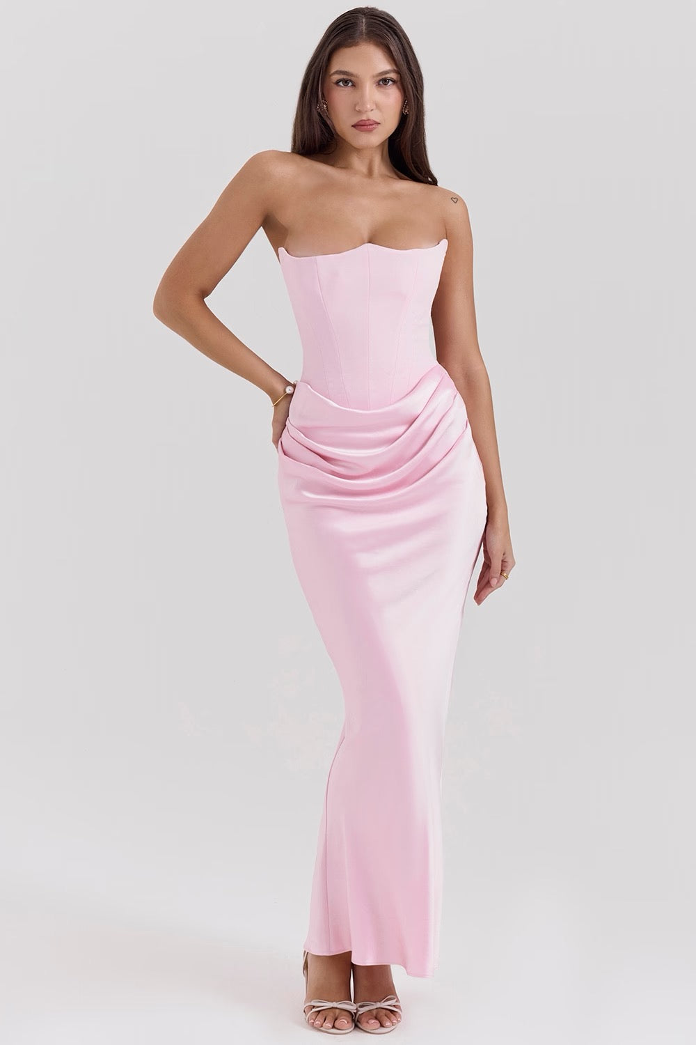 Draped column party dress for women, strapless design ideal for homecoming.