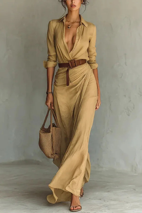 Elegant Women's Effortless Wrap Maxi Dress with flowing long sleeves & adjustable waist. Versatile style.