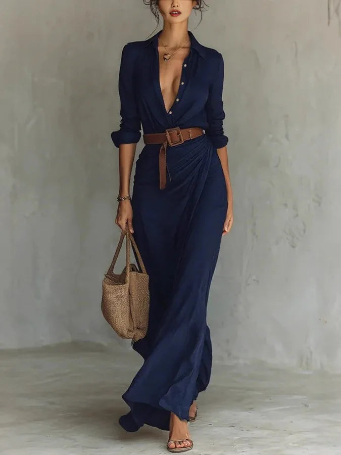 Comfortable White Long Sleeve Maxi Wrap Dress for women. Elegant design with a versatile adjustable waist.