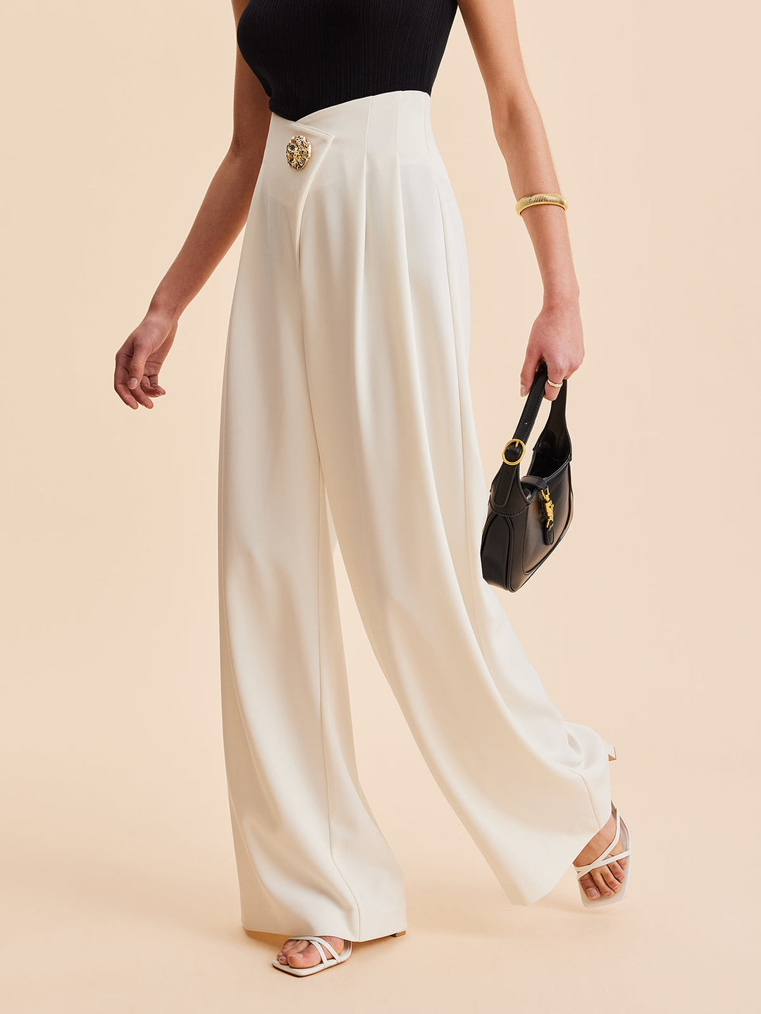 Fashionable women's high-waist wide-leg pocket pants featuring an invisible zipper & elegant embellishments.