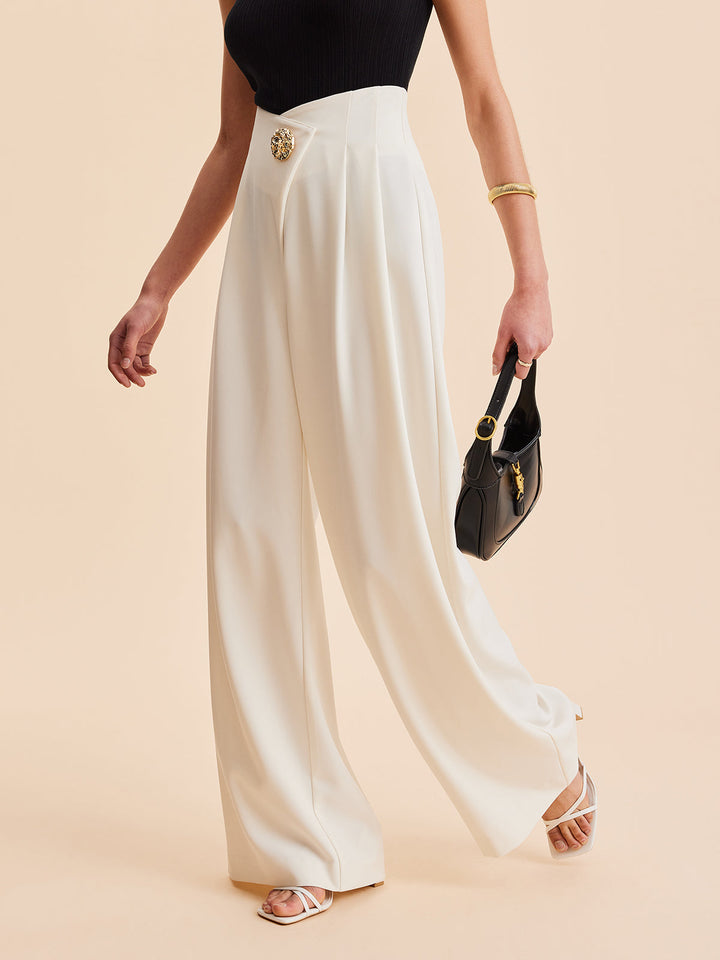 Fashionable women's high-waist wide-leg pocket pants featuring an invisible zipper & elegant embellishments.