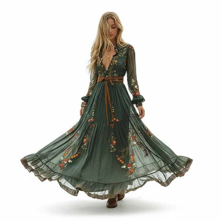 Close-up of the intricate floral embroidery on the long sleeve of a bohemian maxi dress for women.