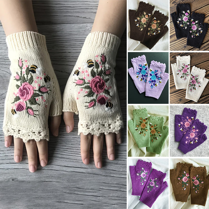 Elegant women's embroidered winter gloves, black acrylic with delicate floral design, cozy warm accessory.
