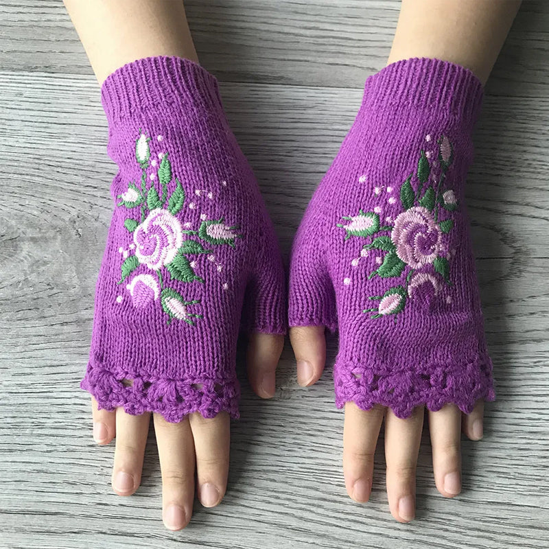 Gift-ready women's embroidered winter gloves, black acrylic with subtle floral design, perfect present.