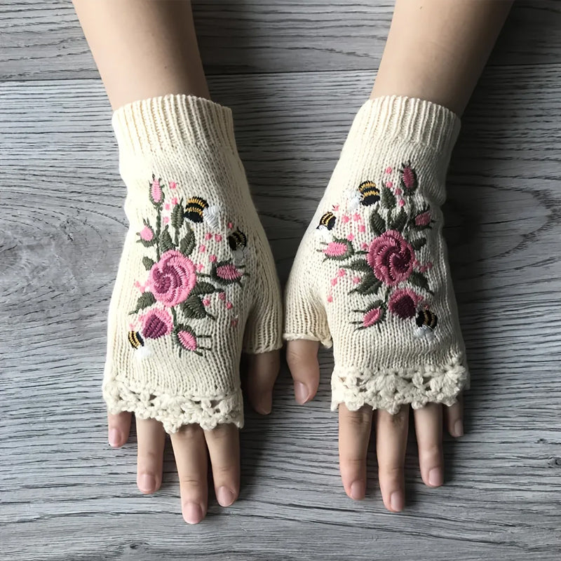 Women's black acrylic embroidered gloves, perfect for winter warmth and elegant style, a thoughtful gift.