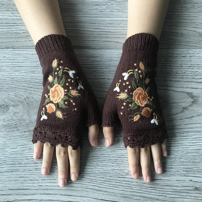 Detailed view of women's embroidered black winter glove, close-up of the delicate floral pattern.