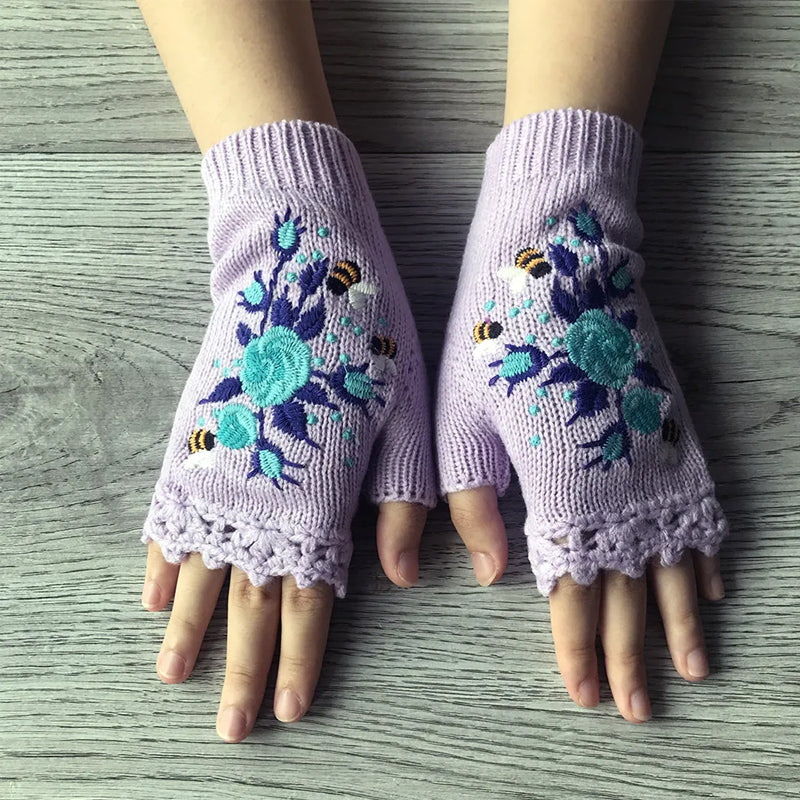 Women's embroidered winter gloves, crafted from warm acrylic, offering elegance and comfort against the cold.