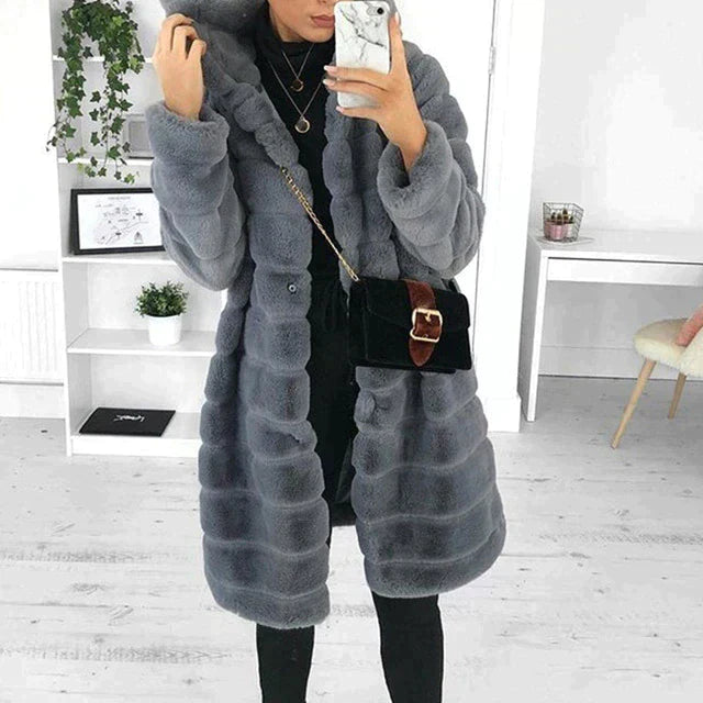Elegant women's faux fur coat with button-down front, plush & warm winter outerwear for women