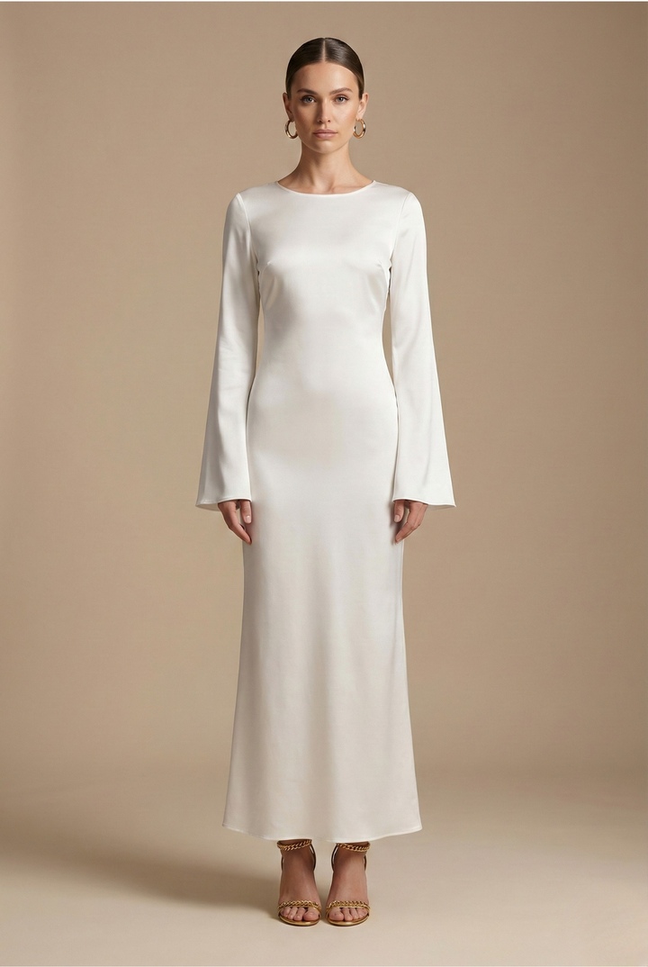Elegant women's flare sleeve column maxi dress. Perfect formal evening gown for special occasions.
