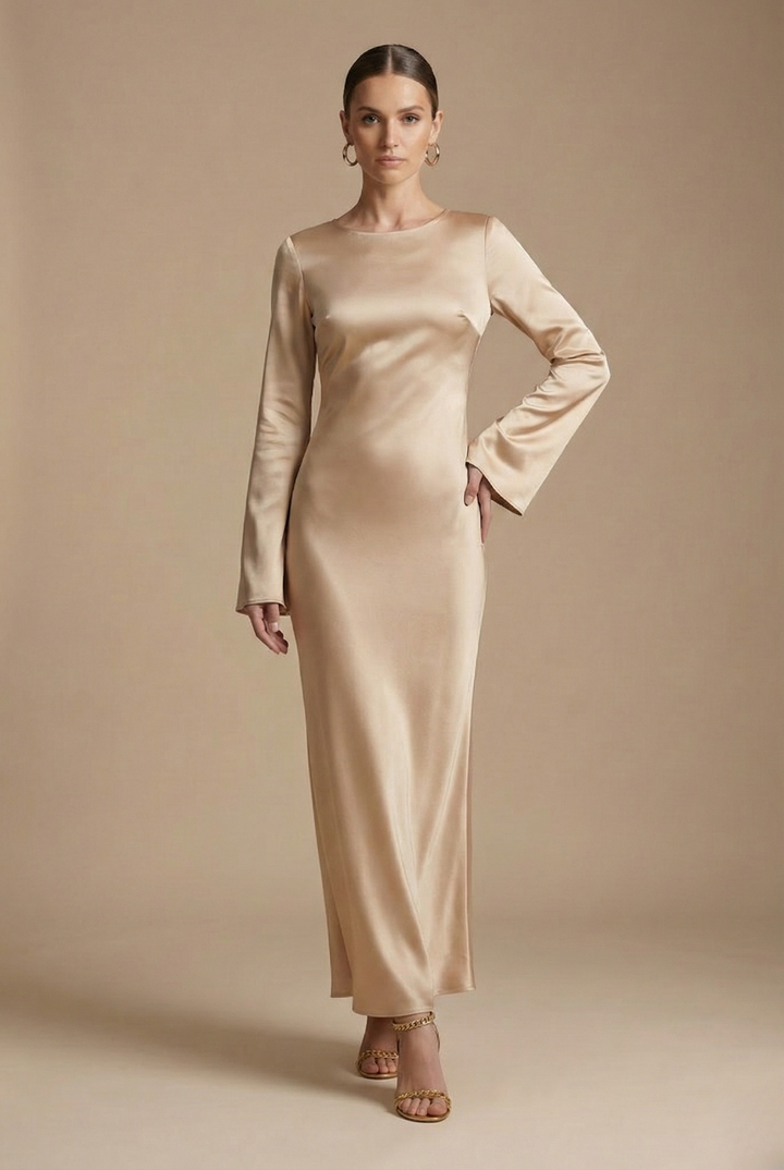 Stylish women's long flare sleeve column maxi dress, a perfect choice for elegant special occasions.