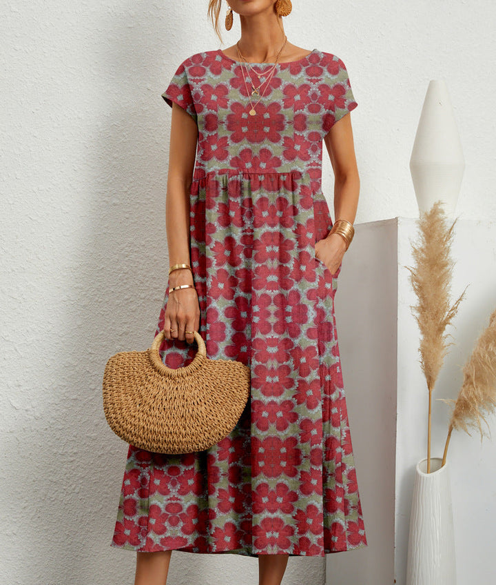 Versatile A-line floral print dress for women, featuring short sleeves and a stylish design for various occasions.