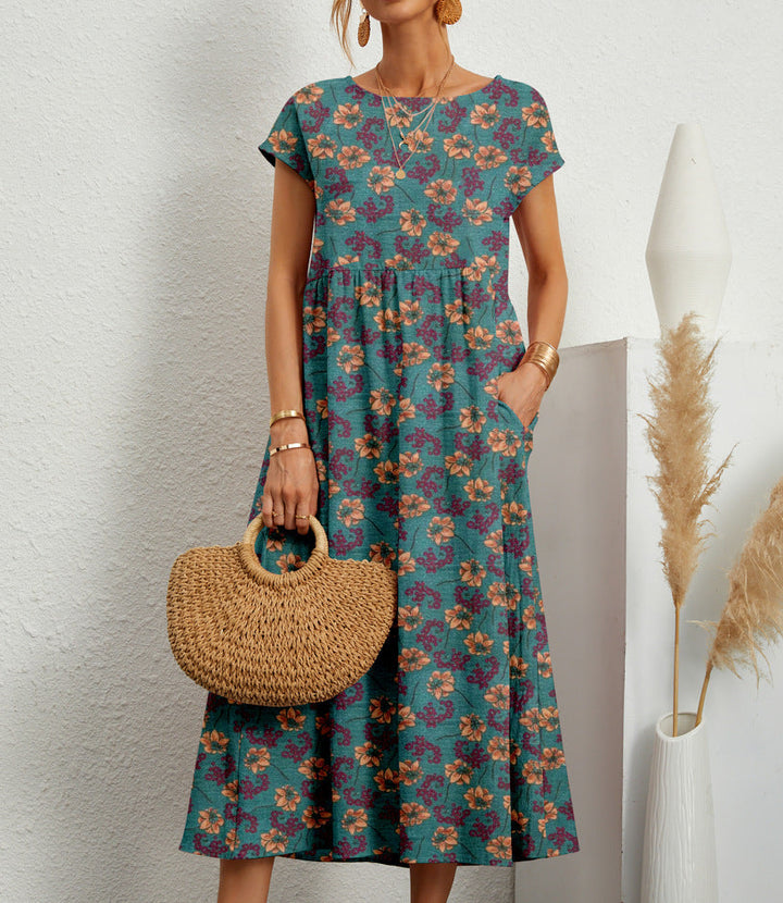 Comfortable women's A-line floral dress with short sleeves, perfect day wear with a chic summer print.