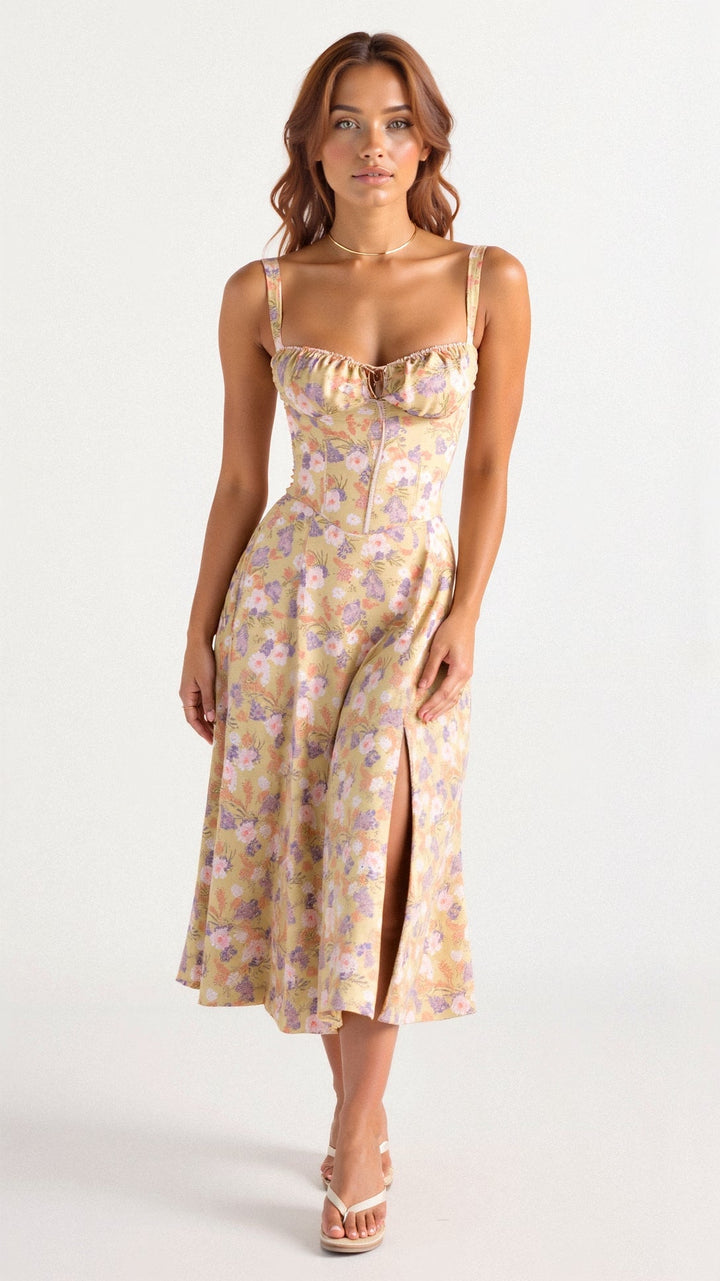 Elegant women's floral corset midi dress, flowing silhouette for spring events
