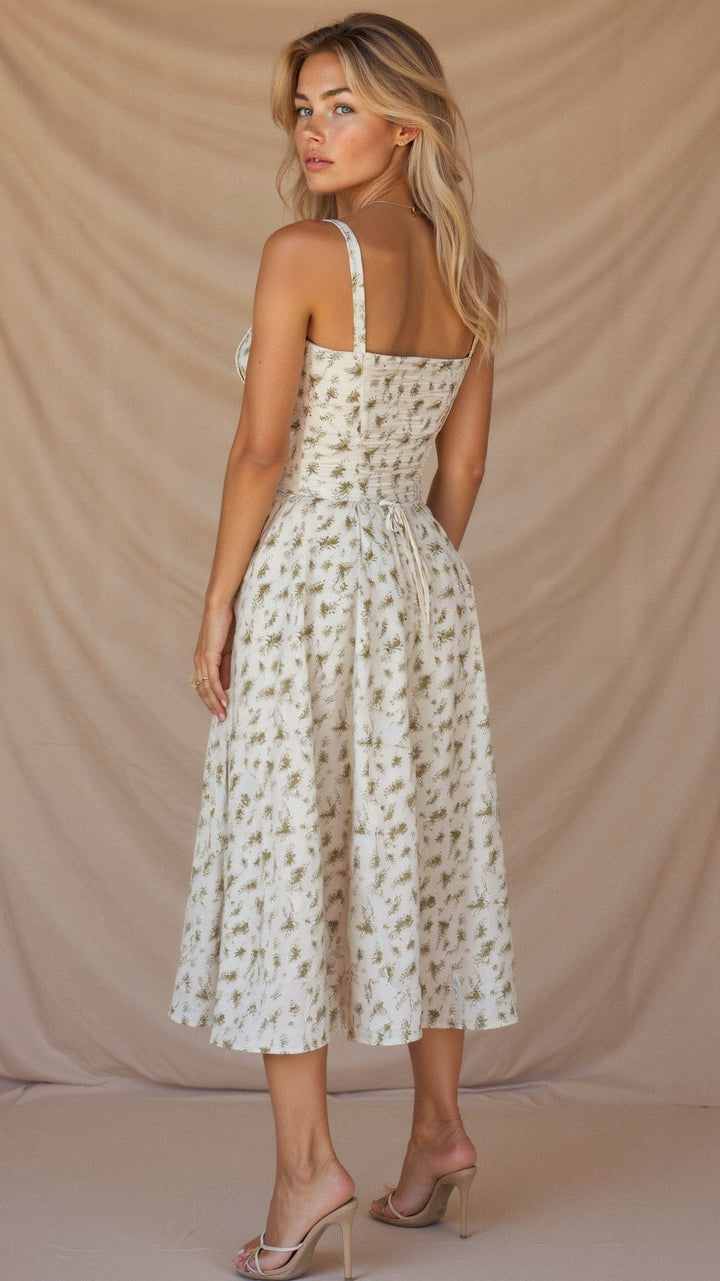 Fashionable women's floral midi dress with a defined corset waist, elegant style