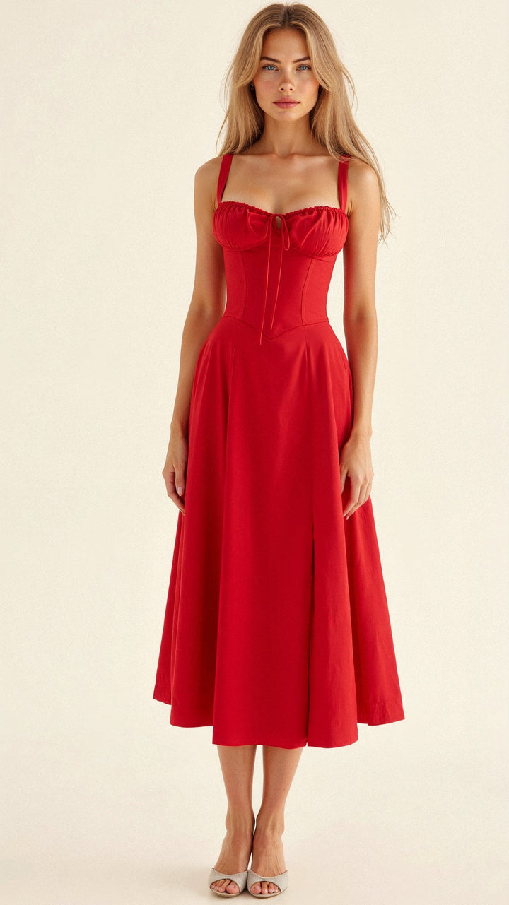 Textured image of the floral fabric on a women's midi dress, soft and flowing