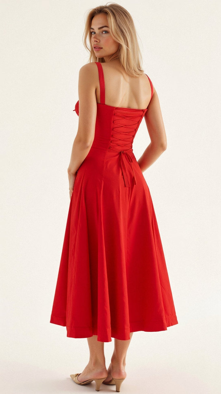 Model posing in a versatile floral corset midi dress, perfect spring fashion choice