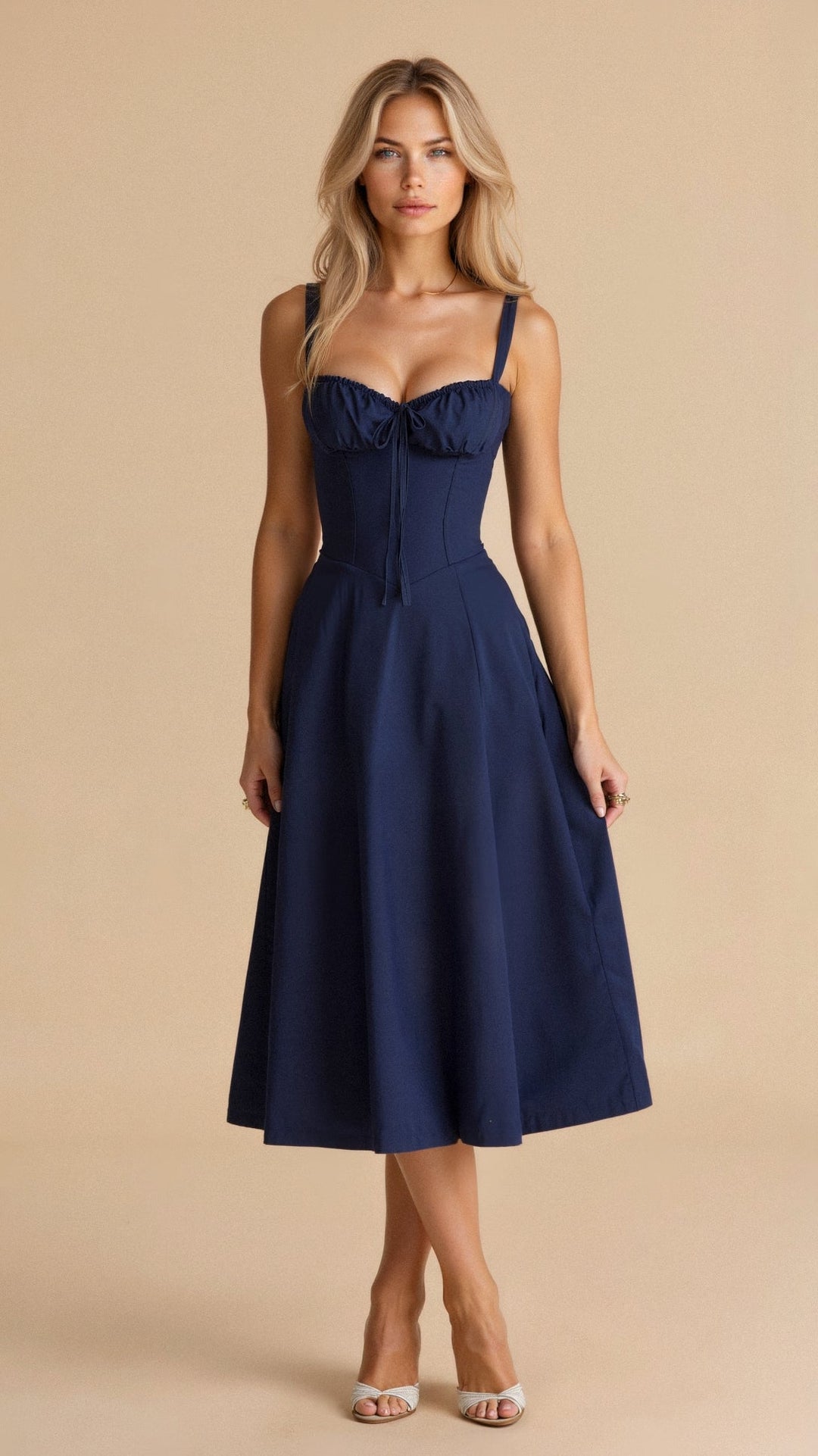 Styled shot of a women's floral corset midi dress, embodying spring event wear