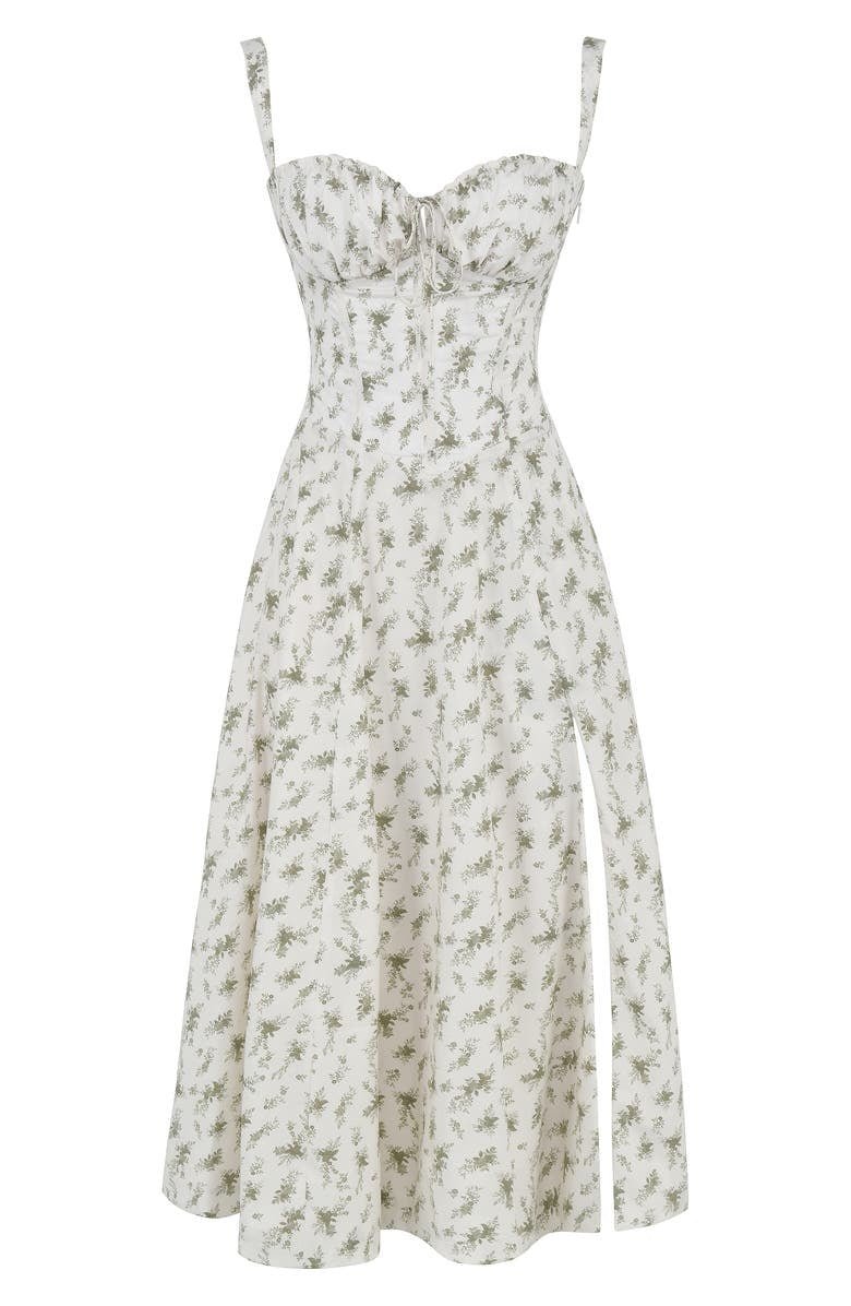 Detail of the bodice and waist of a women's floral corset midi dress, chic look
