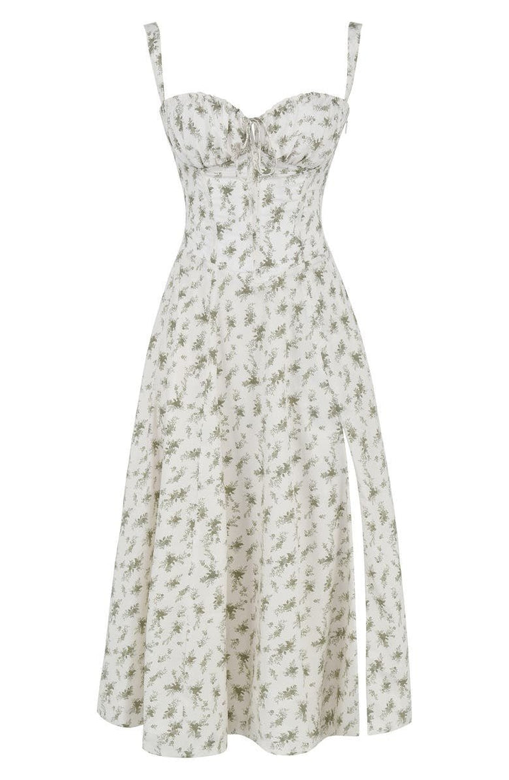 Detail of the bodice and waist of a women's floral corset midi dress, chic look