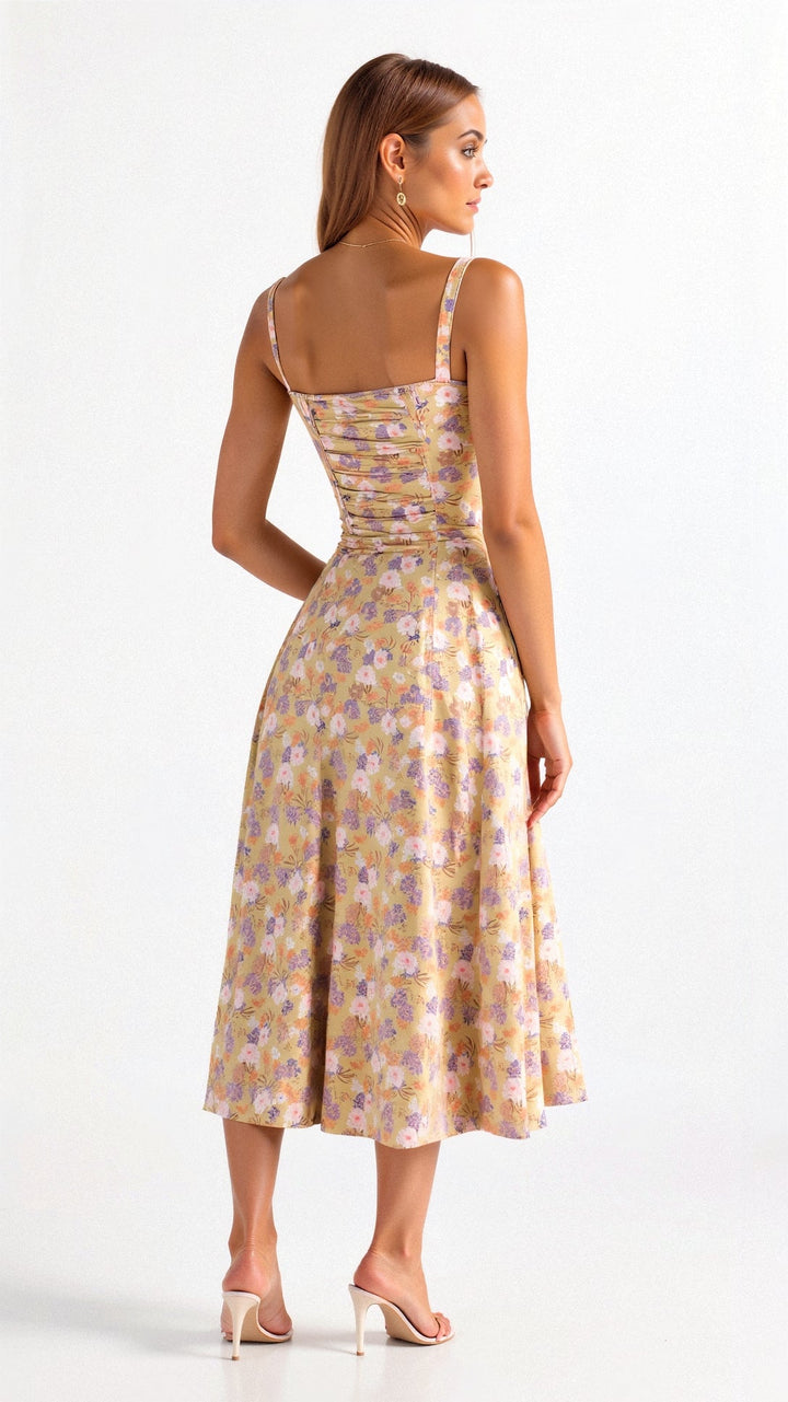 Close-up of floral pattern and corset detailing on a women's midi dress, chic