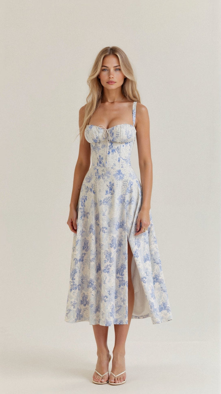 Floral print on women's midi dress fabric, vibrant and suitable for spring fashion
