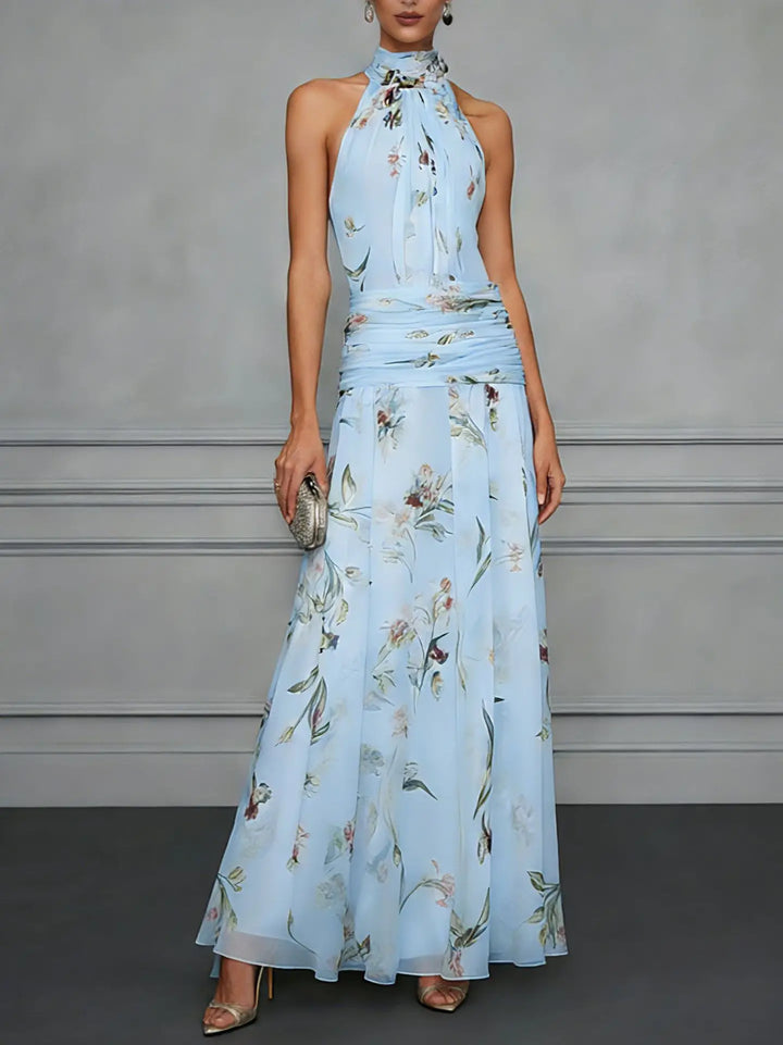 Elegant women's floral halter maxi dress, perfect for summer events, wedding guests, or parties.