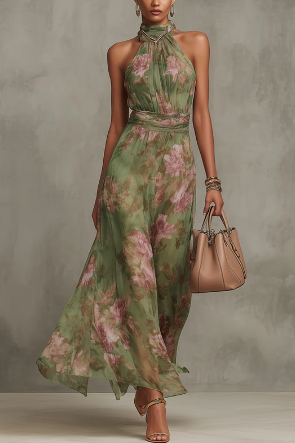 Elegant women's floral halter maxi dress, perfect for summer vacations & special occasions. Flowy, feminine style.