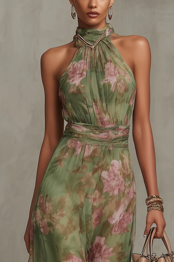 Women's long floral maxi dress with halter neckline, ideal for summer parties, elegant casual or vacation wear.
