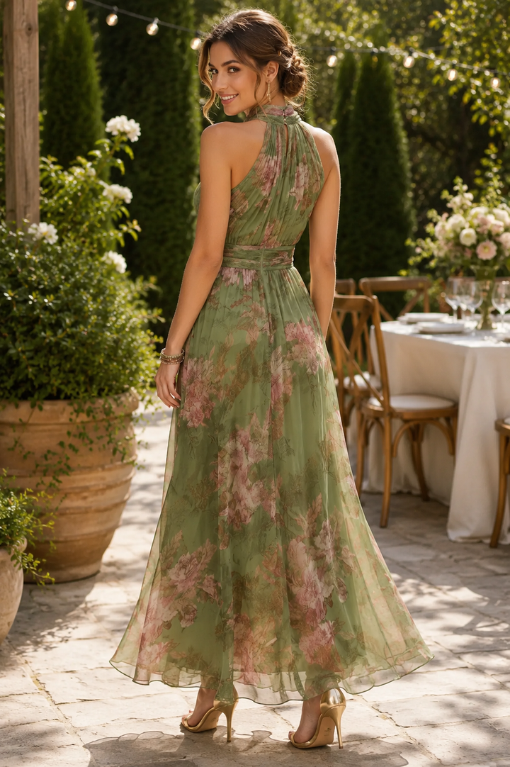 Flowy floral print halter maxi dress for women. An elegant summer dress, perfect for parties & special occasions.