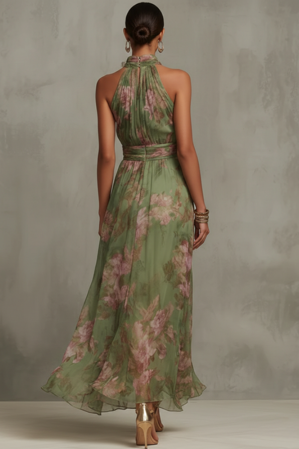 Feminine floral print maxi dress for women, featuring a chic halter design. Perfect elegant summer party dress.