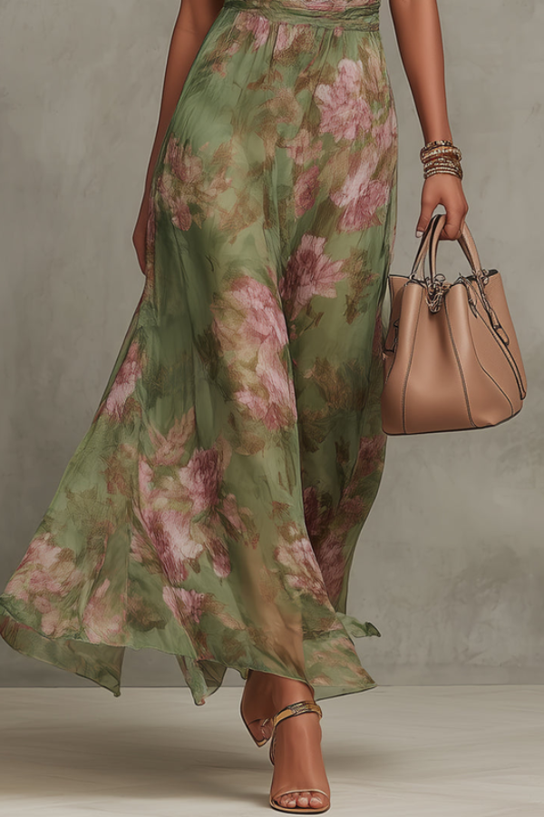 Flowy women's elegant floral maxi dress with halter neck, comfortable summer style for parties or special events.