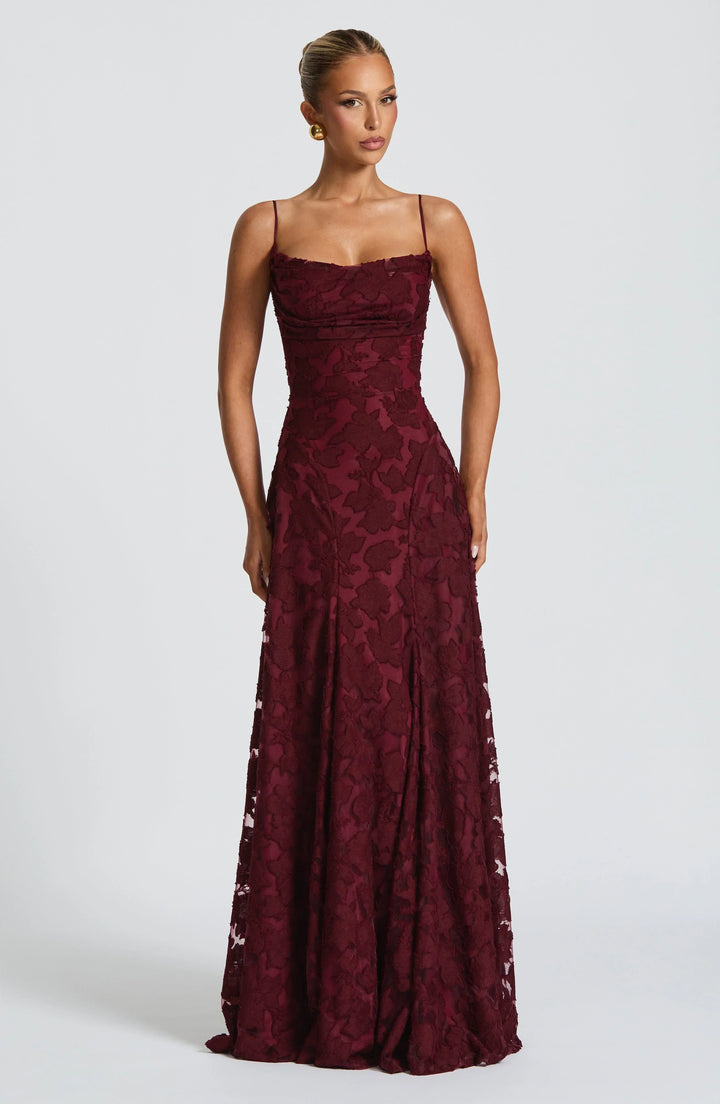 Elegant women's floral jacquard maxi dress, perfect for formal evening events or proms.
