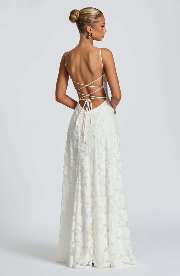 Stylish strappy jacquard gown for women, an elegant floral dress for evening & prom.