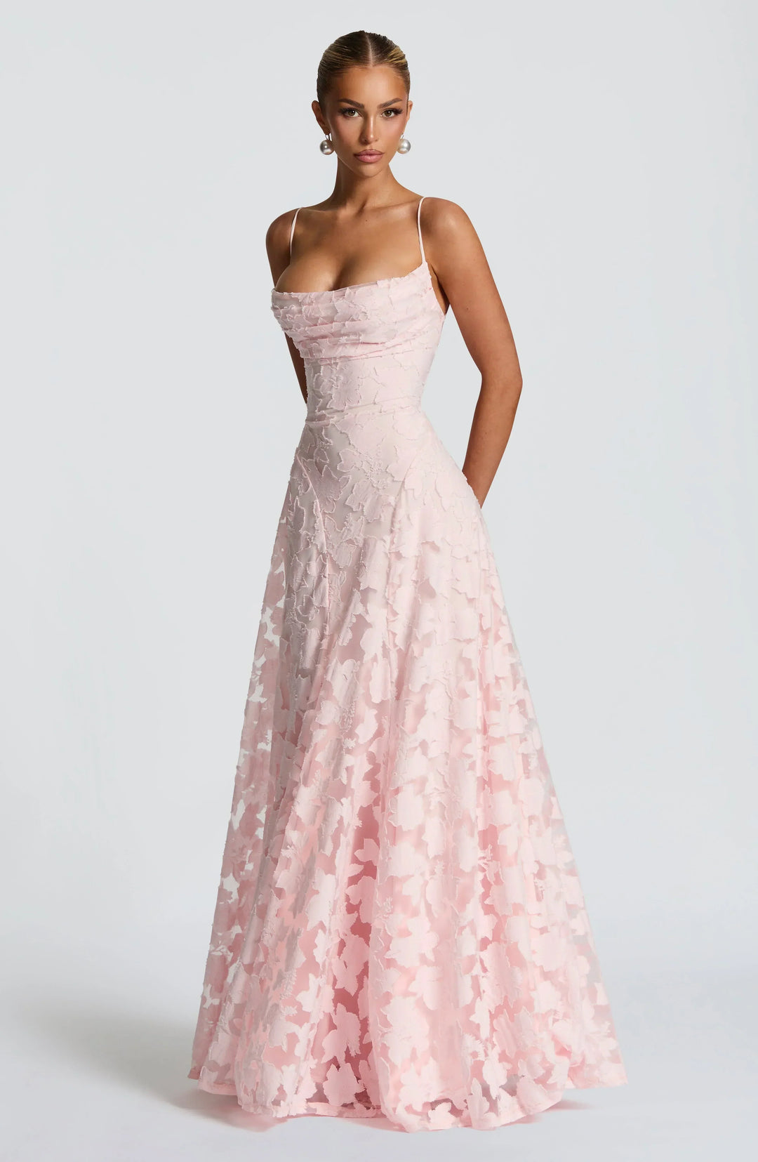 Jacquard floral maxi dress, a women's elegant A-line gown for formal parties & weddings.