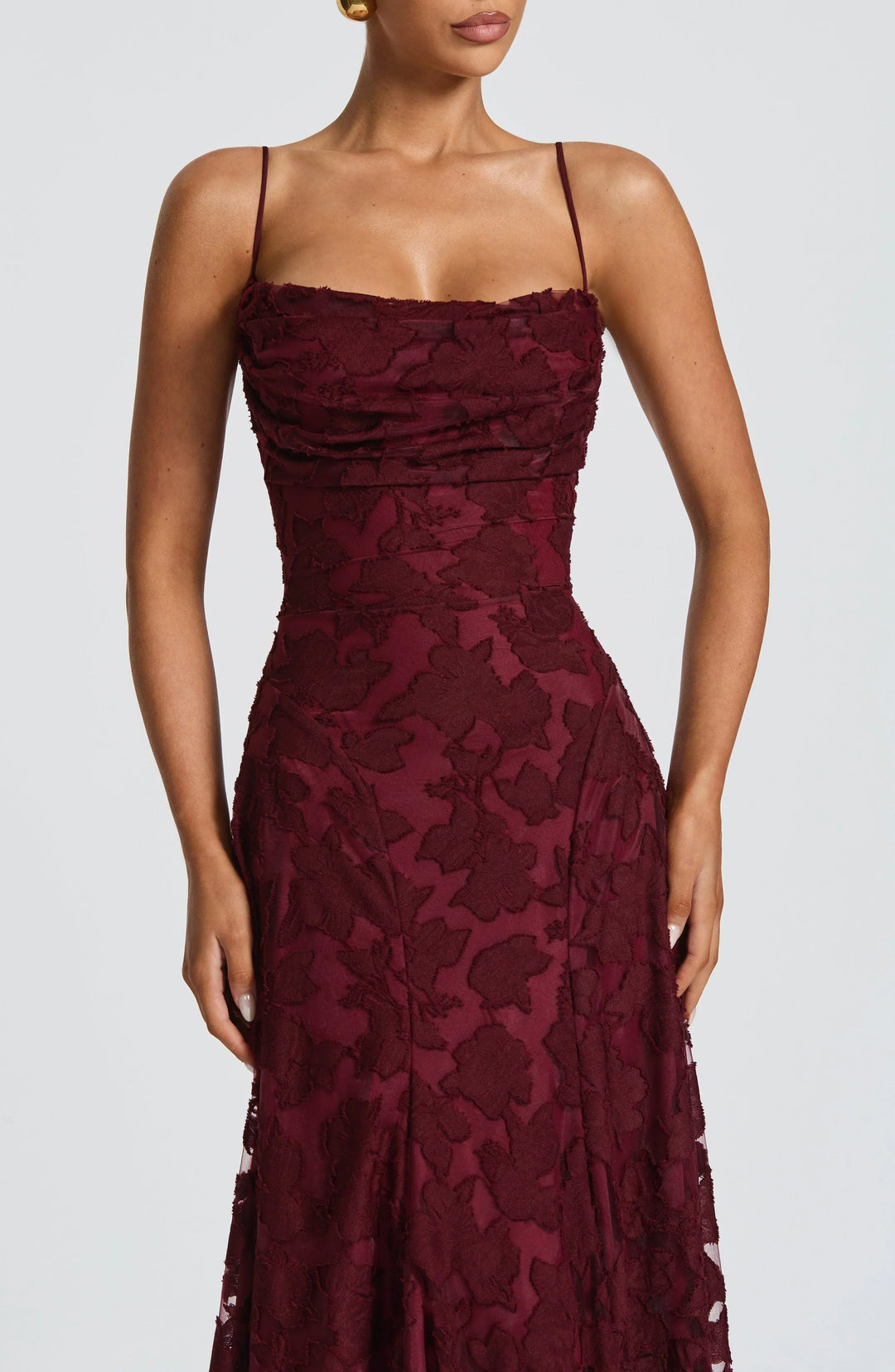 Strappy A-line floral jacquard gown, ideal for wedding guests & special occasions.