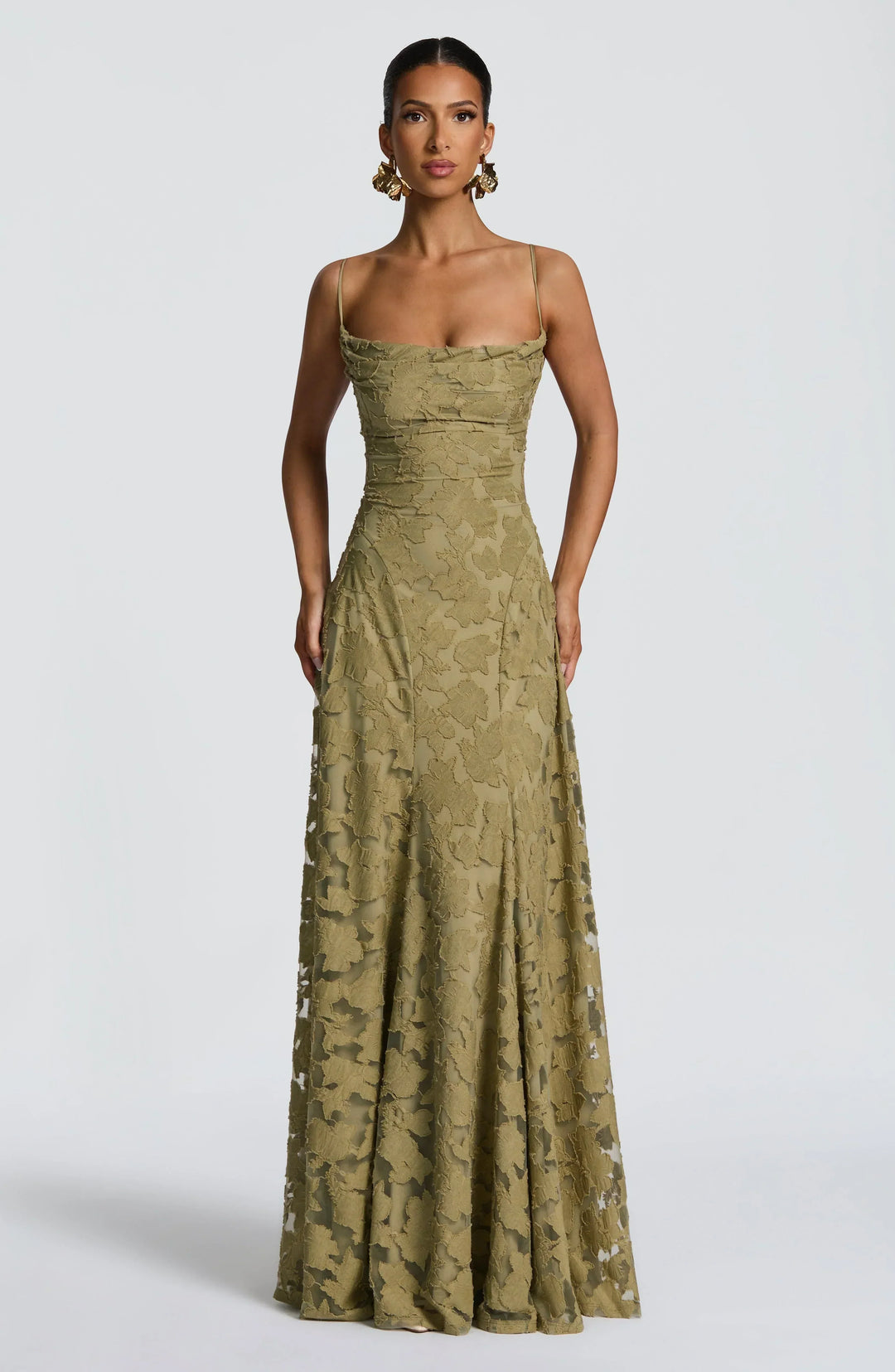 Beautiful women's strappy jacquard gown, perfect as a wedding guest or prom dress.
